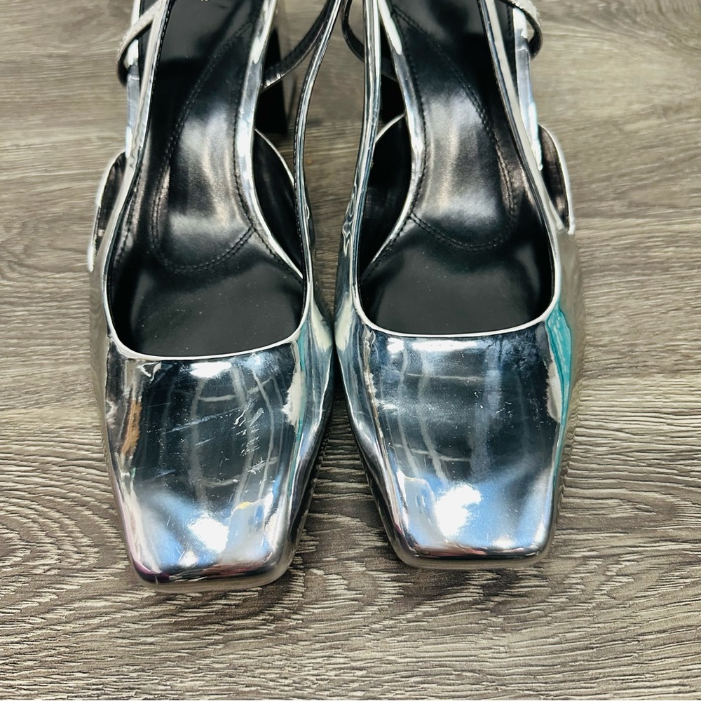 Zara NWT Metallic Silver Block Heel Slingback Heels Size 40 - Picture 3 of 13